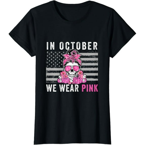 Womens In October We Wear Pink Ribbon American Flag USA T-Shirt