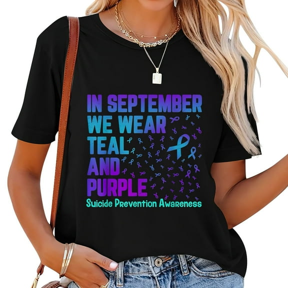 Womens In September We Wear Teal & Purple Suicide Awareness Ribbon T-Shirt Black