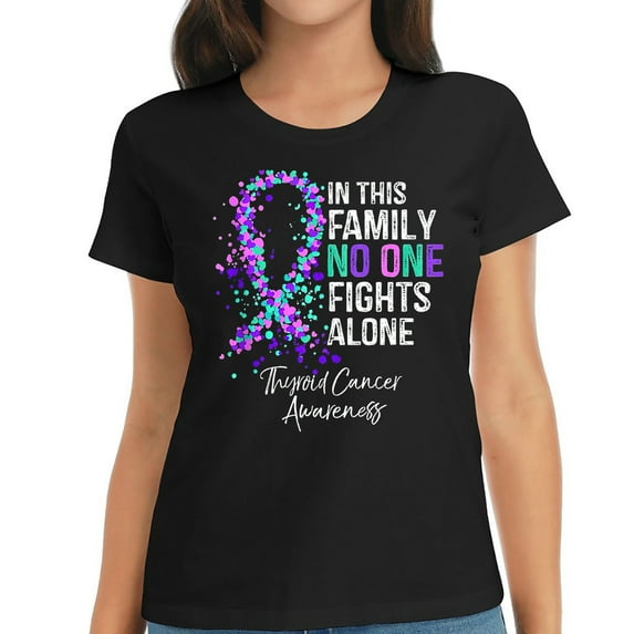 Womens In This Family No One Fights Alone Thyroid Cancer Awareness T Shirt Black 2X-Large