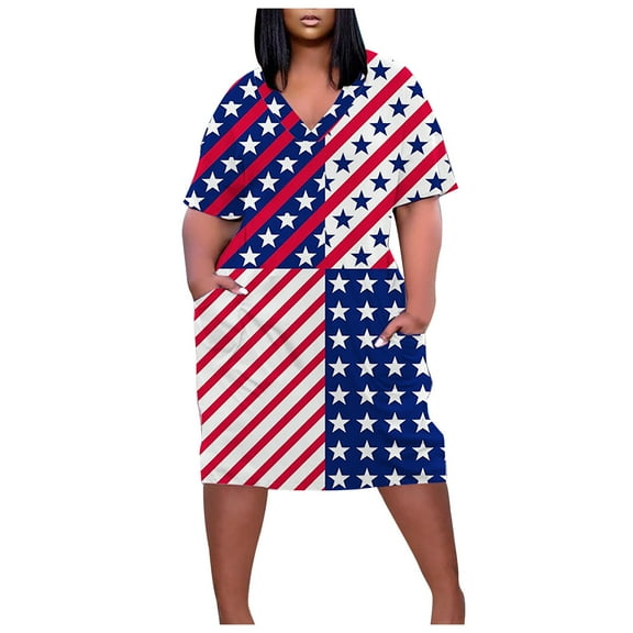 Womens Independence Day Dresses 4th of July Patriotic Plus Size Pocket Tunic Midi Dresses Fashion Star Striped Print V-Neck Short Sleeve Knee-Length Summer Dress Multicolor xxxl