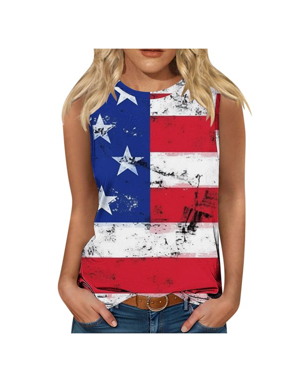 Womens Independence Day Sleeveless Shirts USA Flag Star Stripe Tops Round Neck Tanks Plus Size Camisole 4Th of July Camis Plus Size Patriotic Vest Comfort Casual Camis Summer Beach Shirt