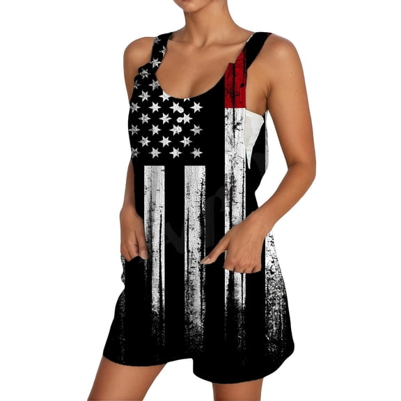Womens Independence Day Suspender Jumpsuits Overalls Wide Leg Casual Printed Outfits Rompers Jumpers Sleeveless Straps With Pockets