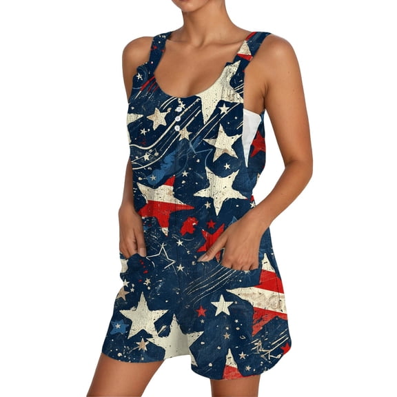 Womens Independence Day Suspender Jumpsuits Overalls Wide Leg Casual Printed Outfits Rompers Jumpers Sleeveless Straps With Pockets