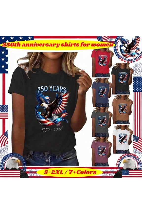 Womens Independence Day T-Shirt, US America Shirt Top, Short Sleeve Crew Neck, 250th Anniversary Summer Tee, Gentle-Touch Fabric, 1776-2026 United States Photography, July 4th Bestie Present