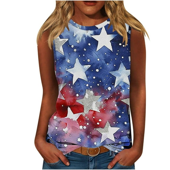 Womens Independence Day Tank Tops Plus Size American Flag Sleeveless Shirts Casual Crewneck Tunic Top Fashion USA Flag Star Stripes Graphic Camis Shirt Memorial Day Patriotic Outfits Summer Tops