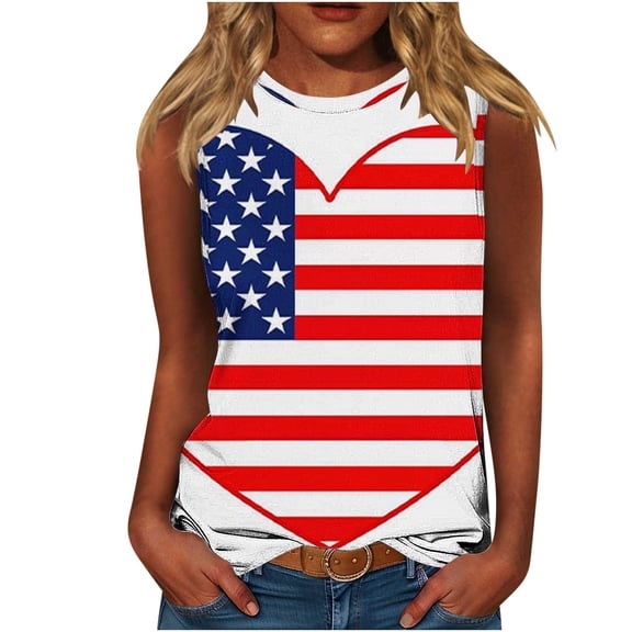 Womens Independence Day Tank Tops Plus Size American Flag Sleeveless Shirts Casual Crewneck Tunic Top Fashion USA Flag Star Stripes Graphic Camis Shirt Memorial Day Patriotic Outfits Summer Tops