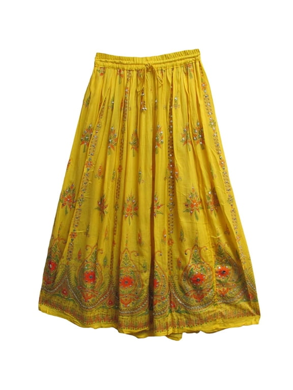Womens Indian Sequin Crinkle Broomstick Gypsy Long Skirt (Yellow)