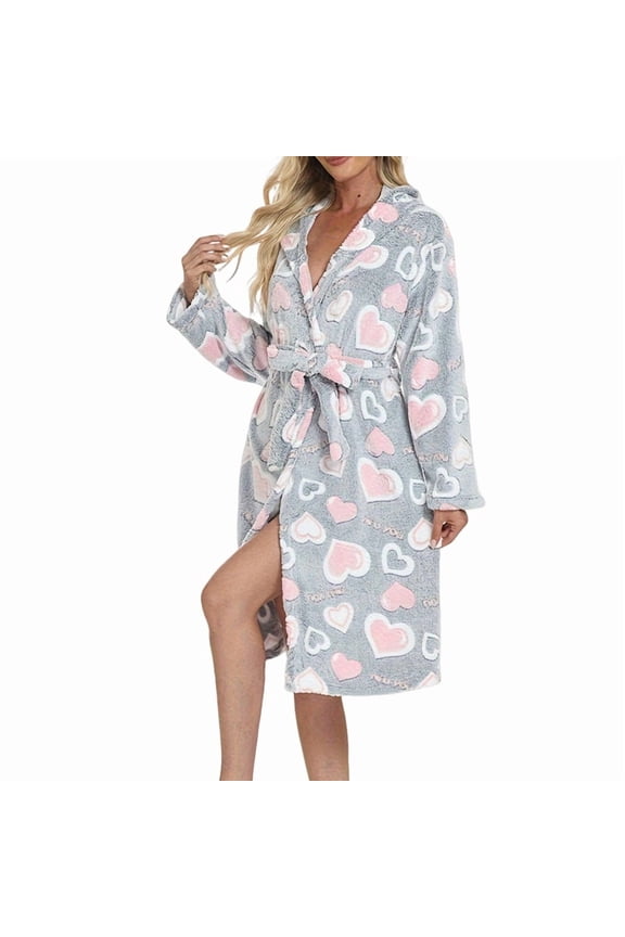 Female Iniber Plush Robes, Womens Robe Long, Fuzzy Soft Warm Fleece Hooded Bathrobe Gray Heart S