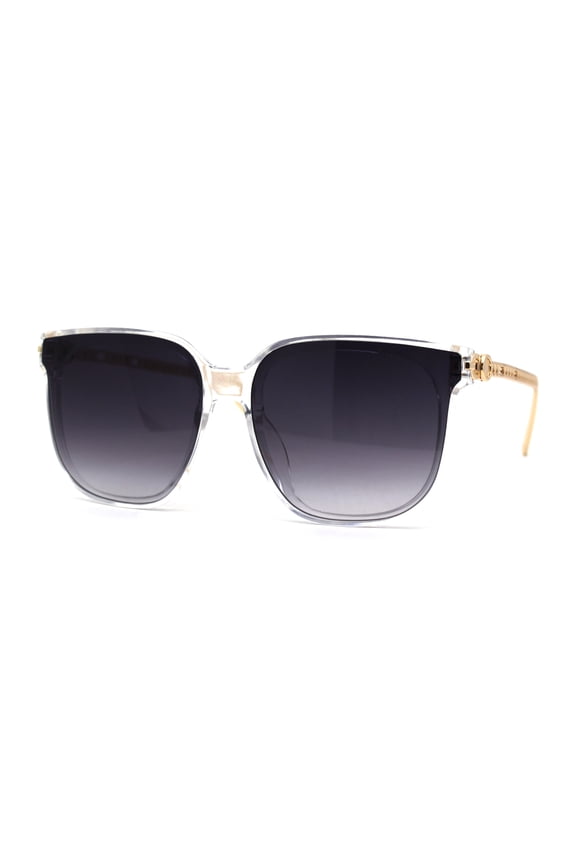 Womens Inset Horn Rimed Chain Arm Chic Rectangular Sunglasses Clear Smoke