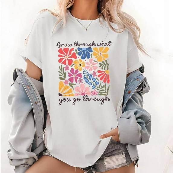Womens Inspirational Floral Graphic Tees "Grow Through What You Go Through" Print T Shirts Fashion Daily Outfits Pattern Tops,S-5XL