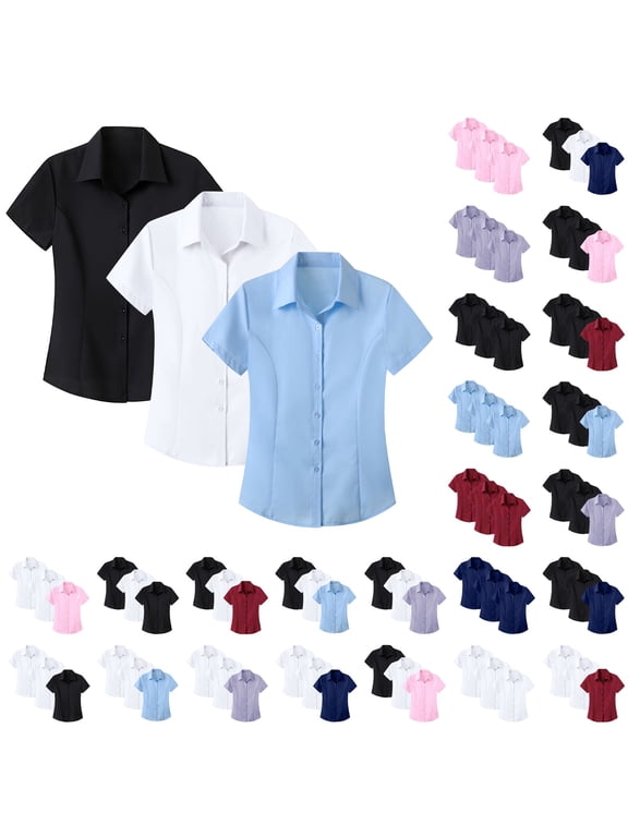 Womens Interview Ready Short Sleeve Shirt Business Formal Wear Wrinkle Free Comfort Top