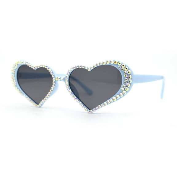 Womens Iridescent Rhinestone Bling Bubbly Heart Shape Sunglasses Blue - Black