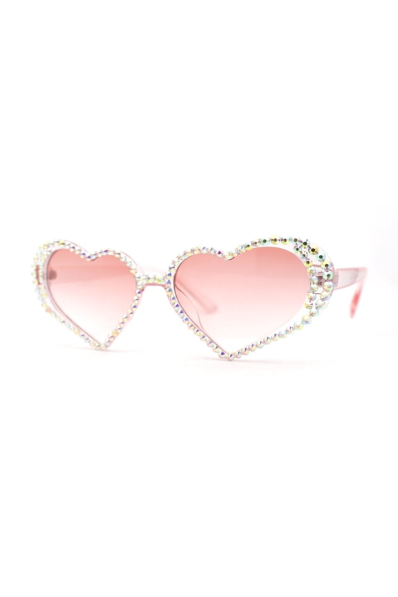 Womens Iridescent Rhinestone Bling Bubbly Heart Shape Sunglasses Pink
