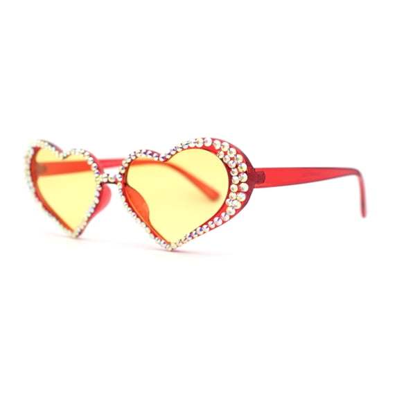 Womens Iridescent Rhinestone Bling Bubbly Heart Shape Sunglasses Red - Yellow