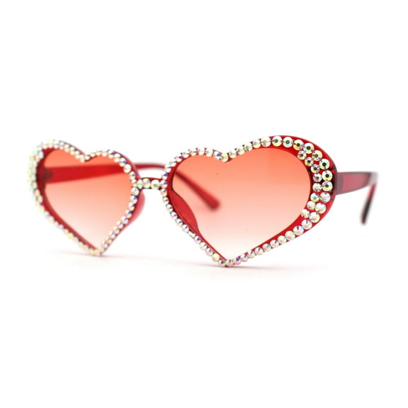 Womens Iridescent Rhinestone Bling Bubbly Heart Shape Sunglasses Red