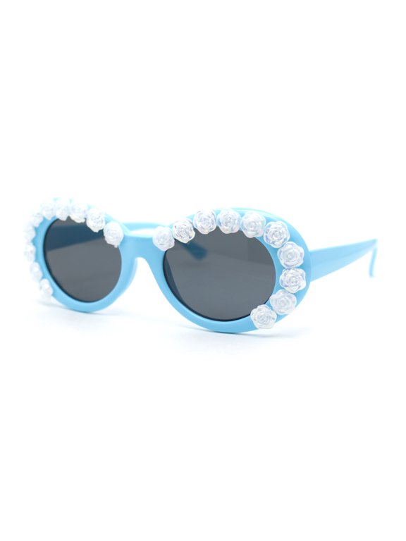 Womens Iridescent Rose Flower Stud Oval Mod Fashion Sunglasses Blue - Black