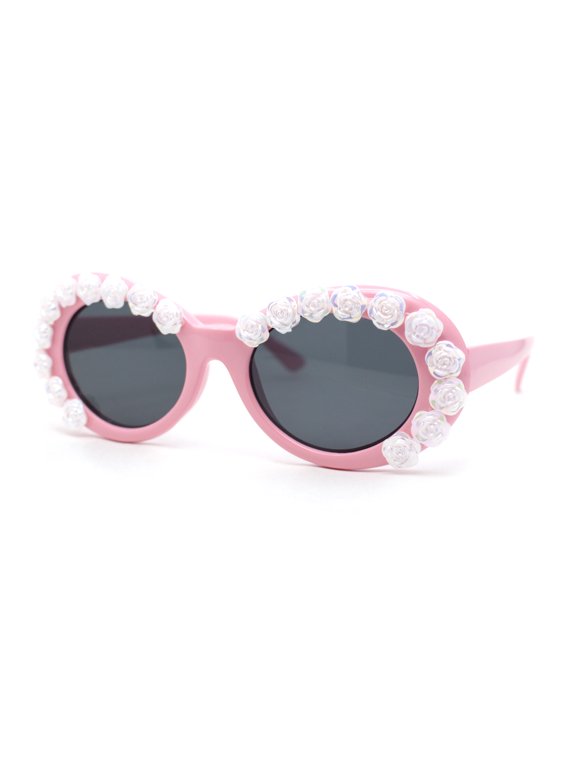 Womens Iridescent Rose Flower Stud Oval Mod Fashion Sunglasses Pink - Black