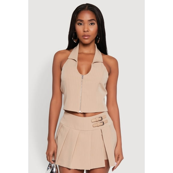 Womens Iris Pinstripe Zip Front Collared Halter Top