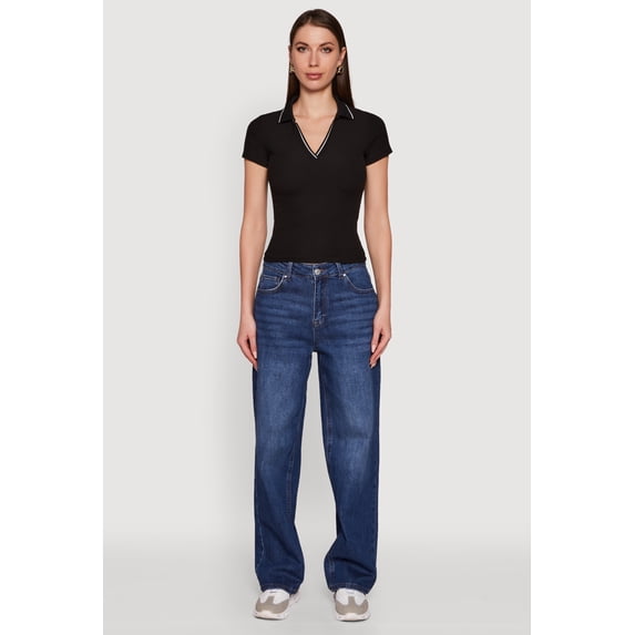 Women's Iris Ribbed Knit Polo Top with Contrast Trim