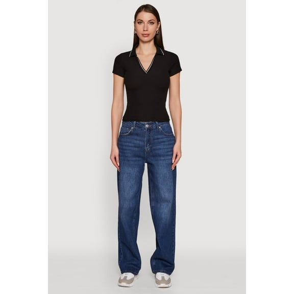 Womens Iris Ribbed Knit Polo Top with Contrast Trim