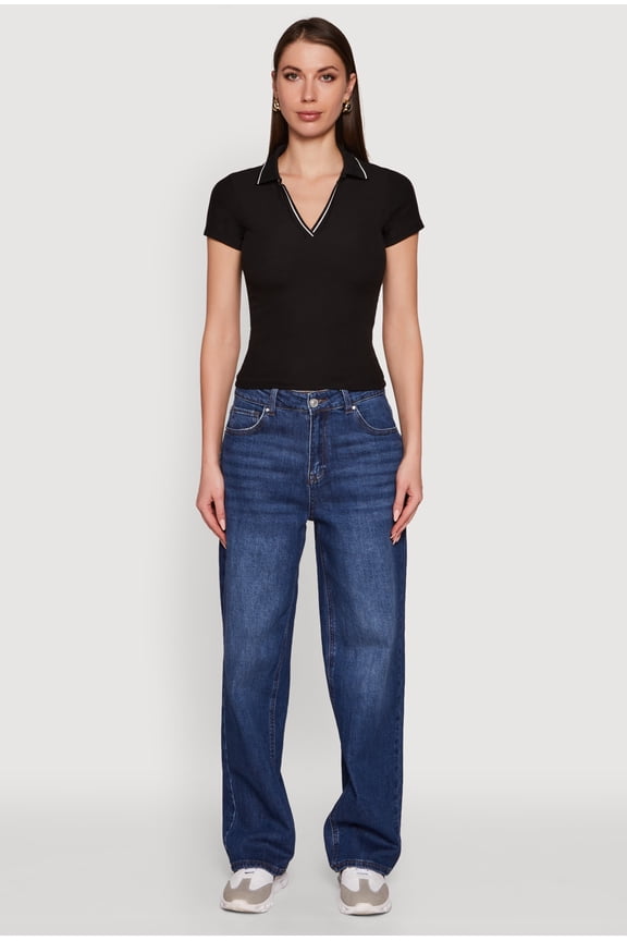 Womens Iris Ribbed Knit Polo Top with Contrast Trim