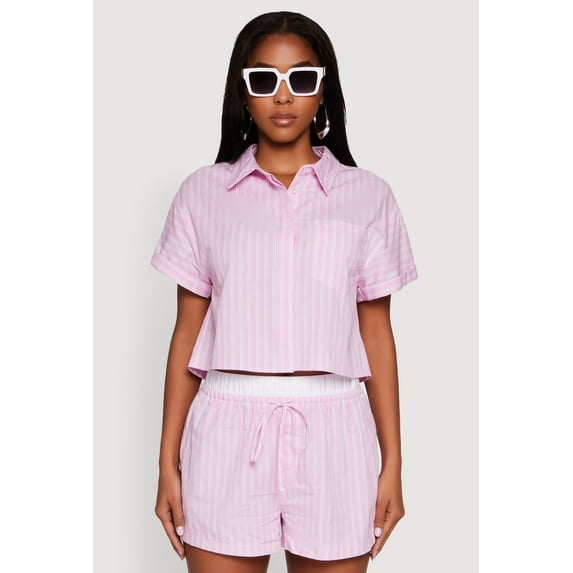 Womens Iris Striped Boxy Button Front Cropped Shirt