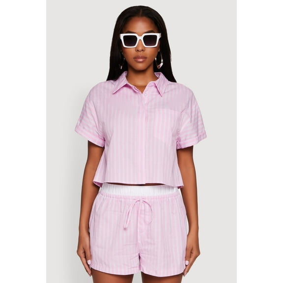 Womens Iris Striped Boxy Button Front Cropped Shirt