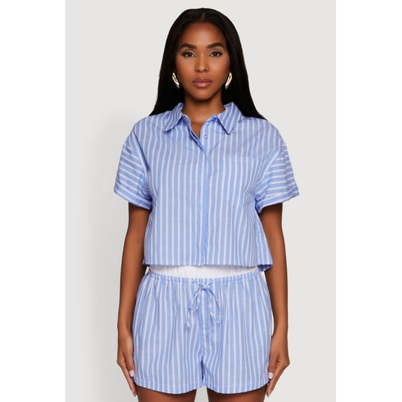 Womens Iris Striped Boxy Button Front Cropped Shirt