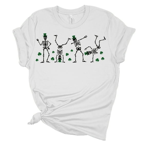 Womens Irish Dancing Skeletons Shamrock Clover St. Patricks Day Unisex Fit Short Sleeve T-shirt Graphic Tee-White-xxxl