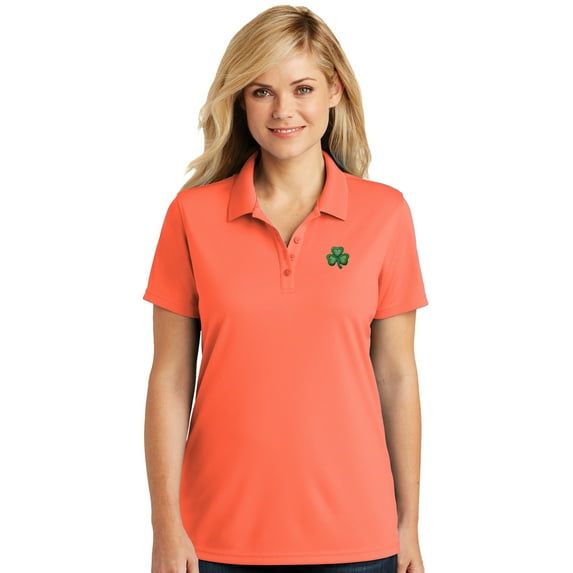 Womens Irish Shamrock Moisture-Wicking Polo Shirt, Large Coral Splash