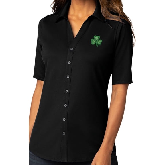 Womens Irish Shamrock Patch Button-Down Stretch Shirt, 4XL Black