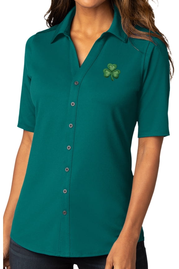 Womens Irish Shamrock Patch Button-Down Stretch Shirt, Medium Dark Teal