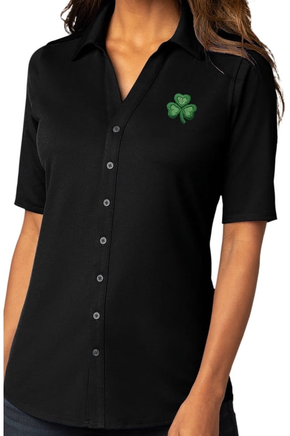 Womens Irish Shamrock Patch Button-Down Stretch Shirt, Small Black