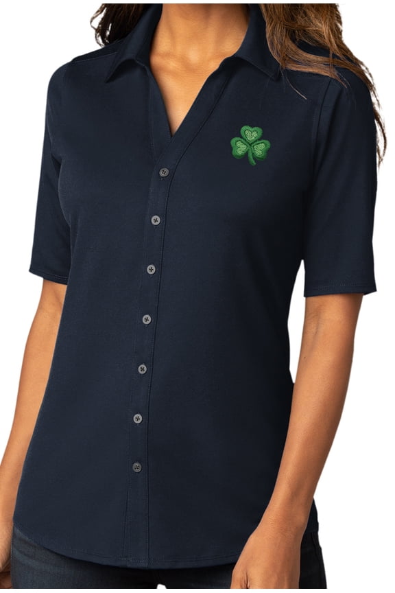 Womens Irish Shamrock Patch Button-Down Stretch Shirt, XL River Blue