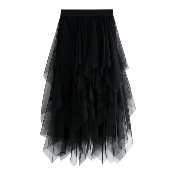 Womens Irregular Mesh Tulle Skirt High Waist Versatile Slimming Layered Tutu Skirt Black XL