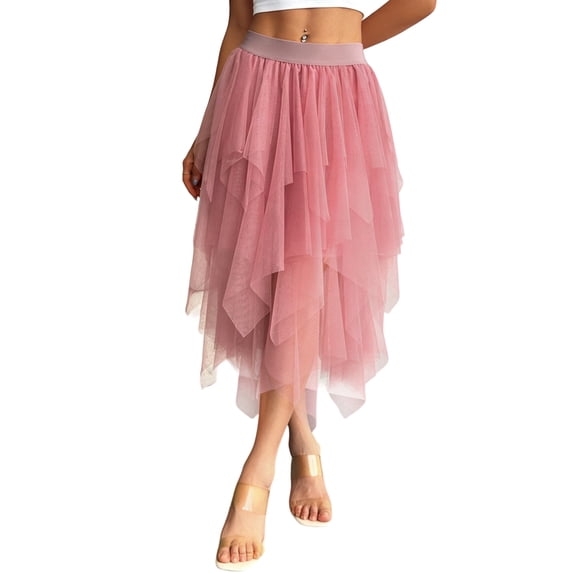 Womens Irregular Mesh Tulle Skirt High Waist Versatile Slimming Layered Tutu Skirt Pink M