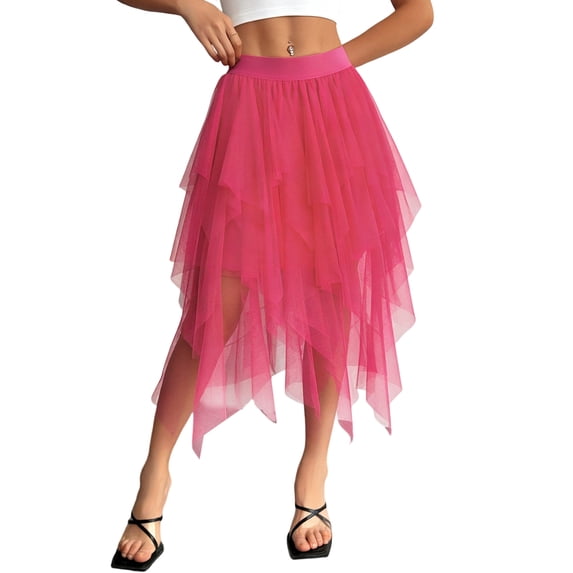 Womens Irregular Mesh Tulle Skirt High Waist Versatile Slimming Layered Tutu Skirt Rose Red M
