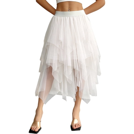 Womens Irregular Mesh Tulle Skirt High Waist Versatile Slimming Layered Tutu Skirt White L