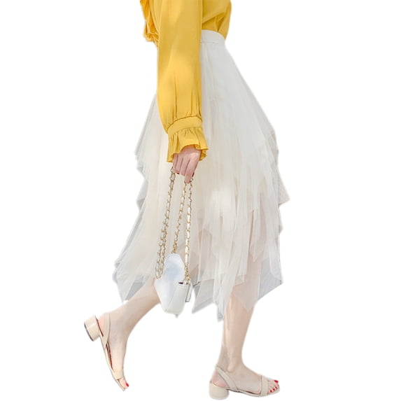 Womens Irregular Mesh Tulle Skirt High Waist Versatile Slimming Layered Tutu Skirt White M