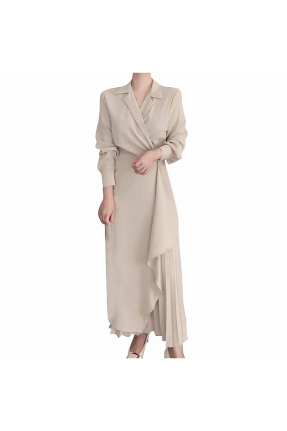 Womens Irregular Ruffled Hem Shirt Dress Fall Asymmetric Pleated Ruffle Casual Maxi Dress Beige S