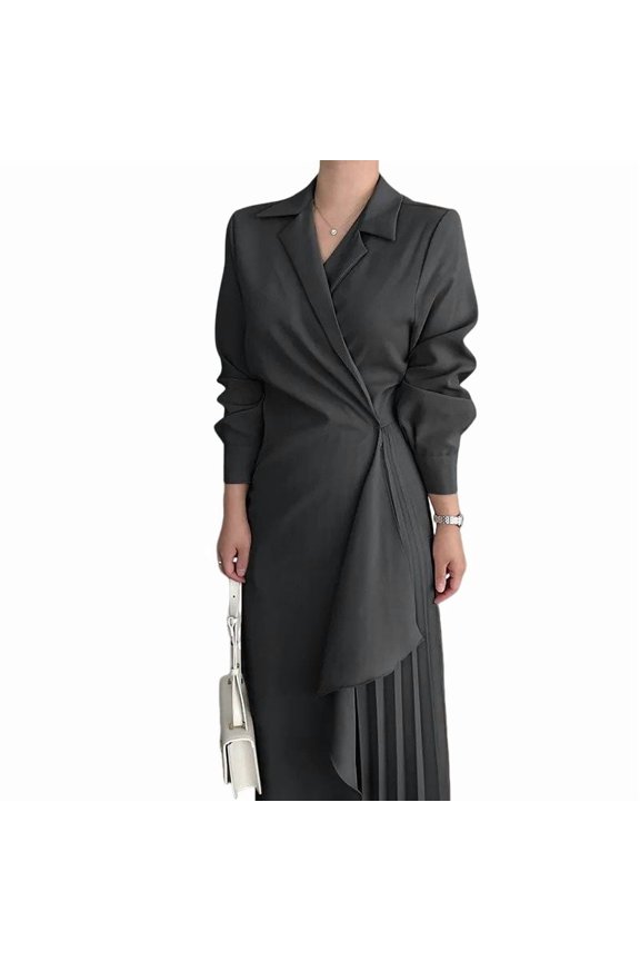 Womens Irregular Ruffled Hem Shirt Dress Fall Asymmetric Pleated Ruffle Casual Maxi Dress Black L