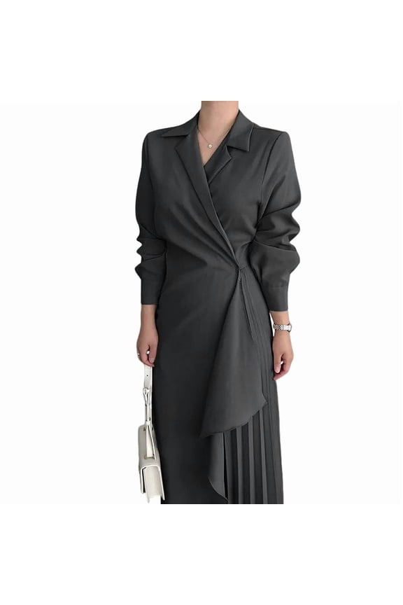Womens Irregular Ruffled Hem Shirt Dress Fall Asymmetric Pleated Ruffle Casual Maxi Dress Black XXL