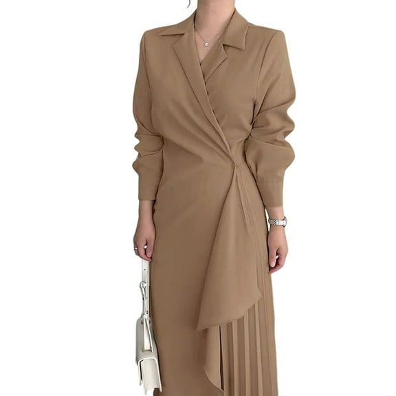 Womens Irregular Ruffled Hem Shirt Dress Fall Asymmetric Pleated Ruffle Casual Maxi Dress Brown M