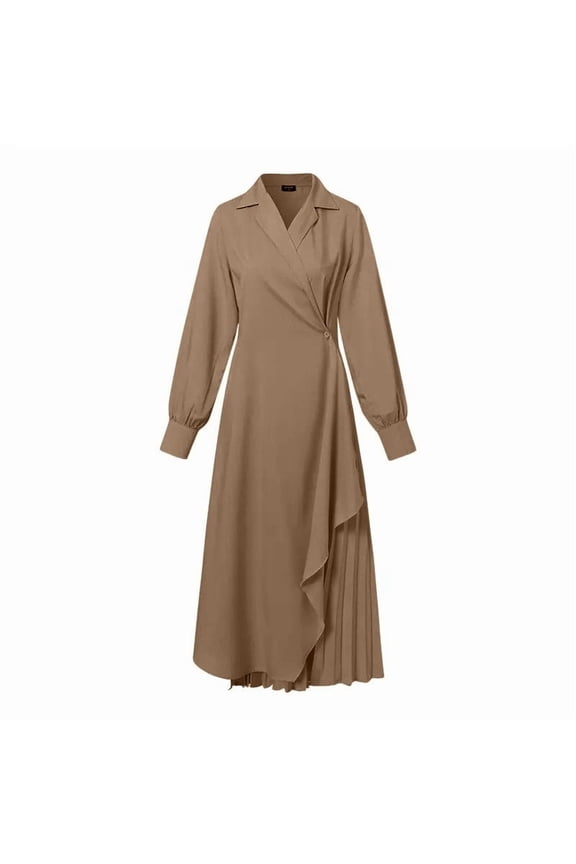 Womens Irregular Ruffled Hem Shirt Dress Fall Asymmetric Pleated Ruffle Casual Maxi Dress Brown S