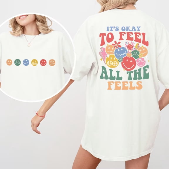 Womens It's Ok To Feel Print T Shirts Mental Health Graphic Tees Short Sleeve Casual Social Worker Pattern Tops for Daily Outfits White,L