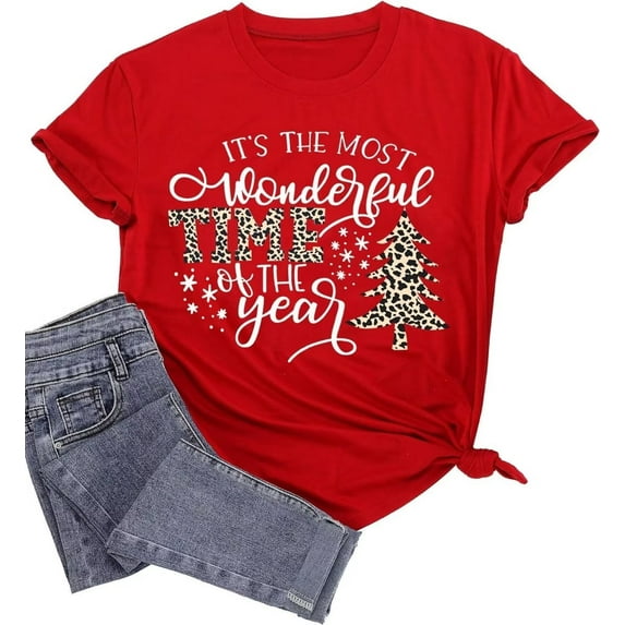 Womens It's The Most Wonderful Time Of The Year T-Shirts Leopard Christmas Tree Graphic Tees (XXL,23 Red)