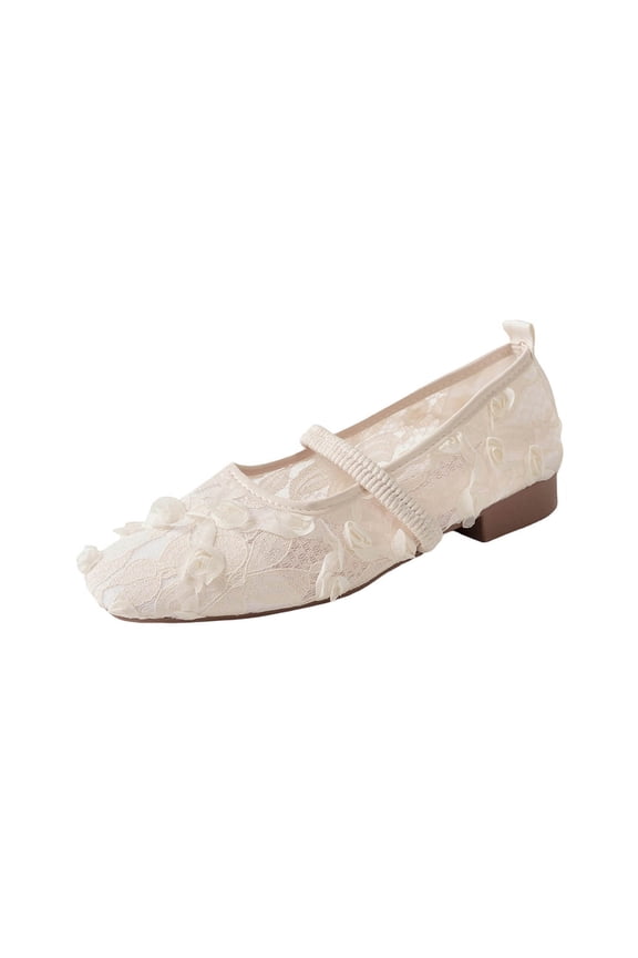 Womens Ivory Mary Jane Flats - Lace Square Toe Wedding Guest & Work Shoes, Breathable Mesh Low Heel,Size 37