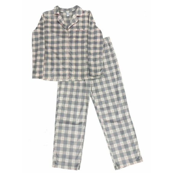 Womens Ivory Pink & Gray Plaid Fleece Pajamas Button Front Sleepwear Set XXL