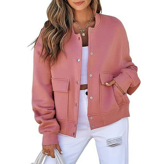 Womens Jacket 2025 Fall Winter Long Sleeve Stand Collar Shacket with Side Pocket Lightweight Coat Hot Pink 2XL