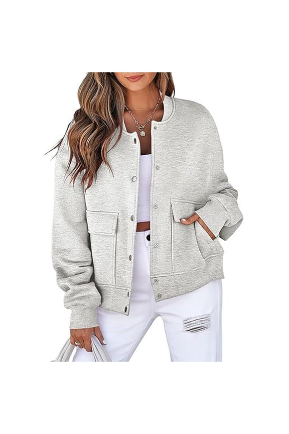 Womens Jacket 2025 Fall Winter Long Sleeve Stand Collar Shacket with Side Pocket Lightweight Coat Light Gray S